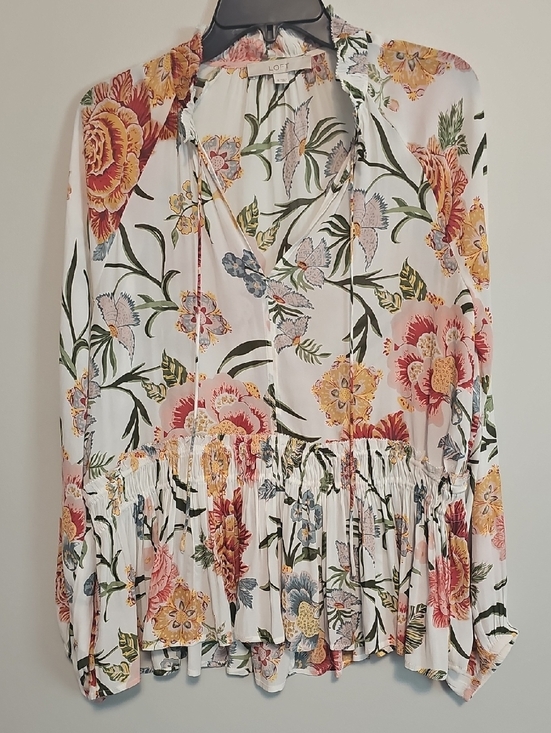 LOFT Tops - LOFT White Floral Ruffle Peplum Blouse with Multi-Color Print
